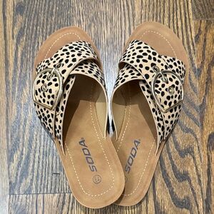 Soda Leopard Print Slide Sandals with Gold Buckle - Tan/Black
